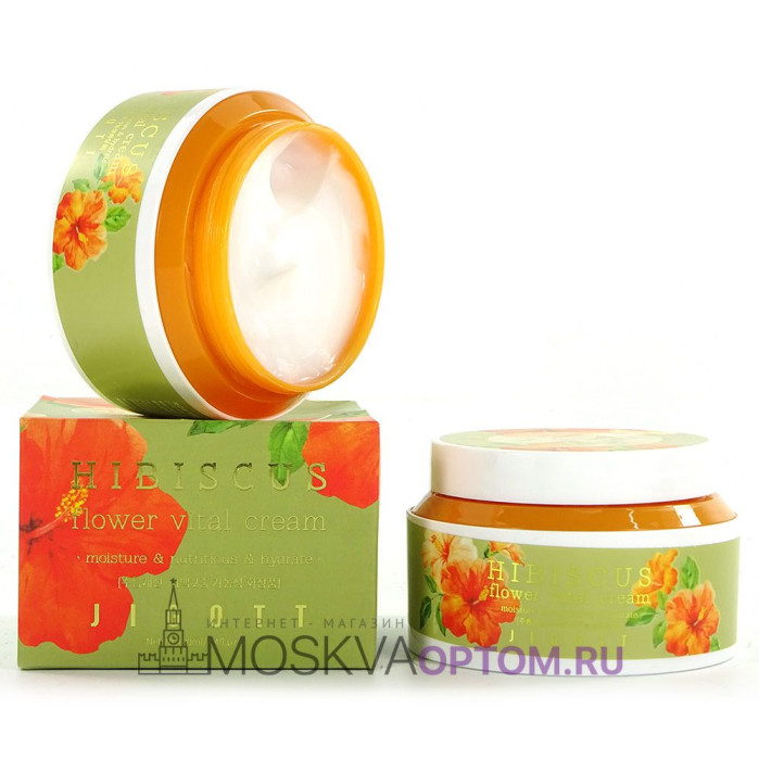 Питающий крем для лица Jigott Hibiscus Flower Vital Cream, с гиалуроновой кислотой увлажняющий и успокаивающий, осветляющий и омолаживающий, дневной и